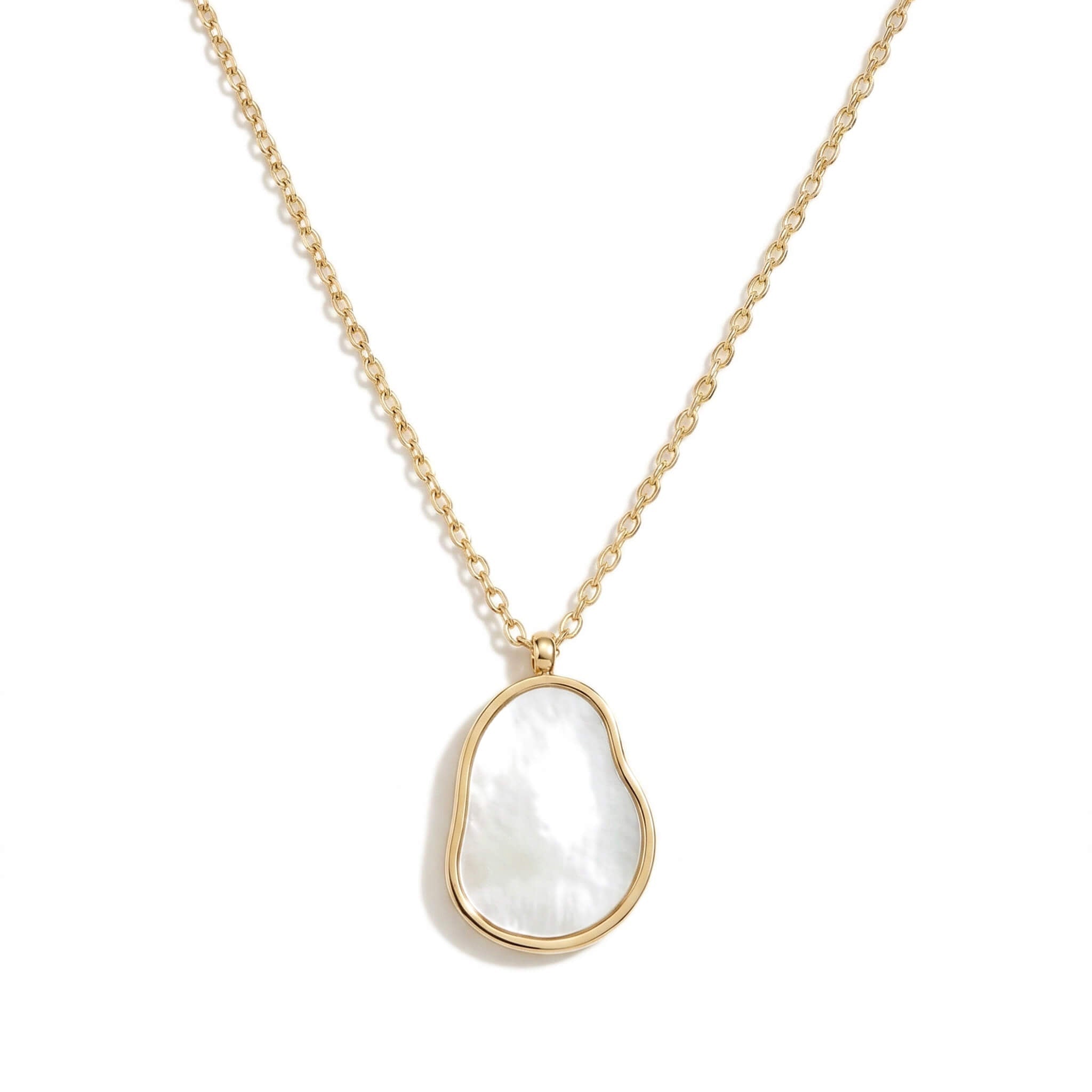 Dawn Pearl Pendant Necklace – irregular mother-of-pearl pendant on a fine chain, gold, on white background