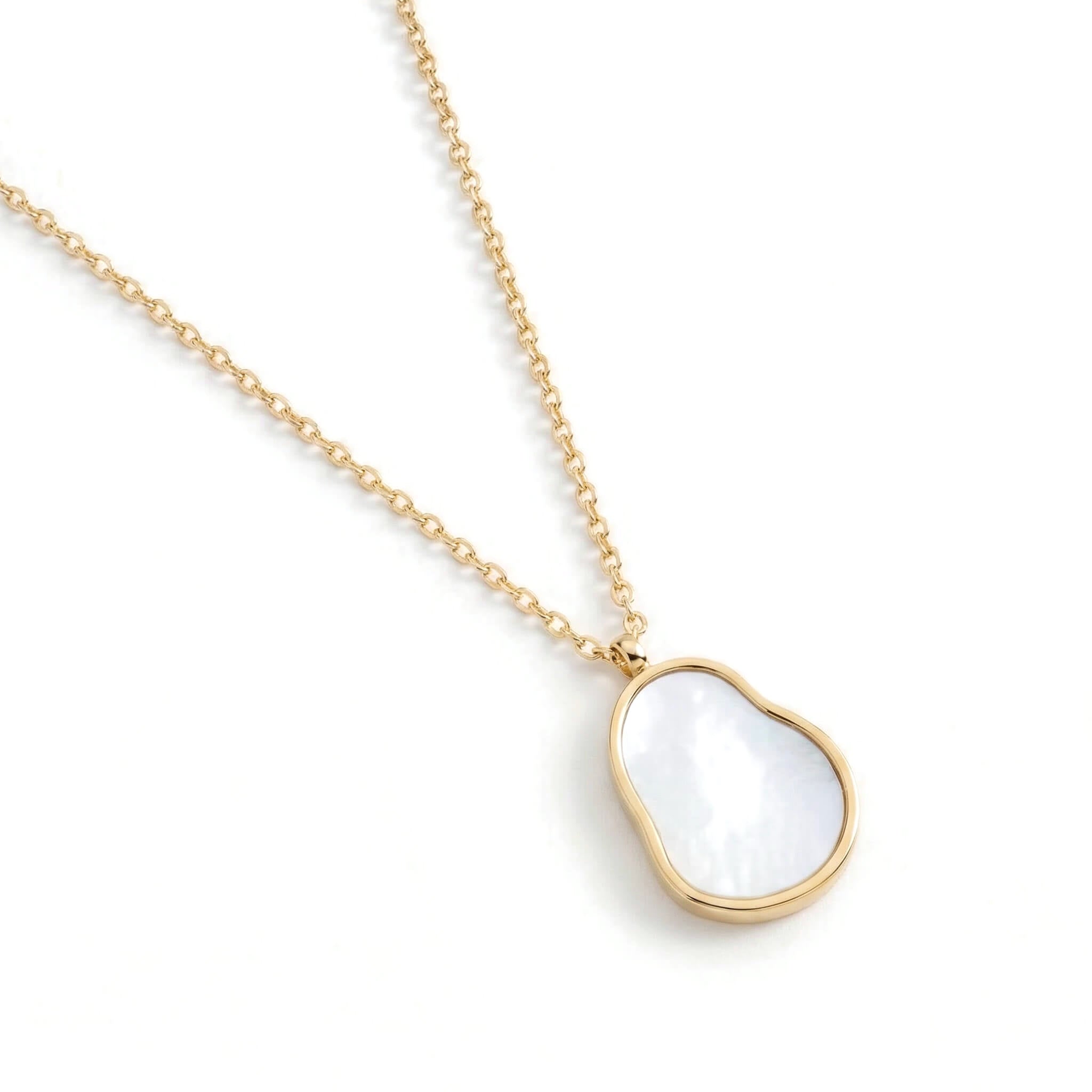 Dawn Pearl Pendant Necklace – mother-of-pearl pendant, angled view, gold, on white background