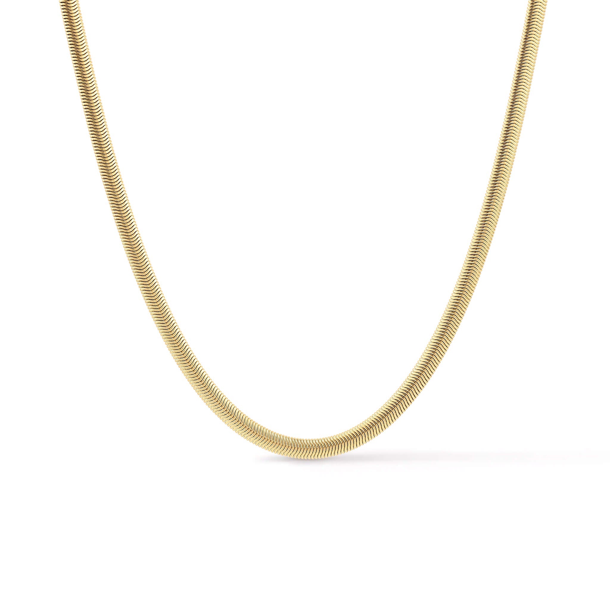 Everlasting Chain Necklace – smooth link chain curving across the frame, gold, on white background
