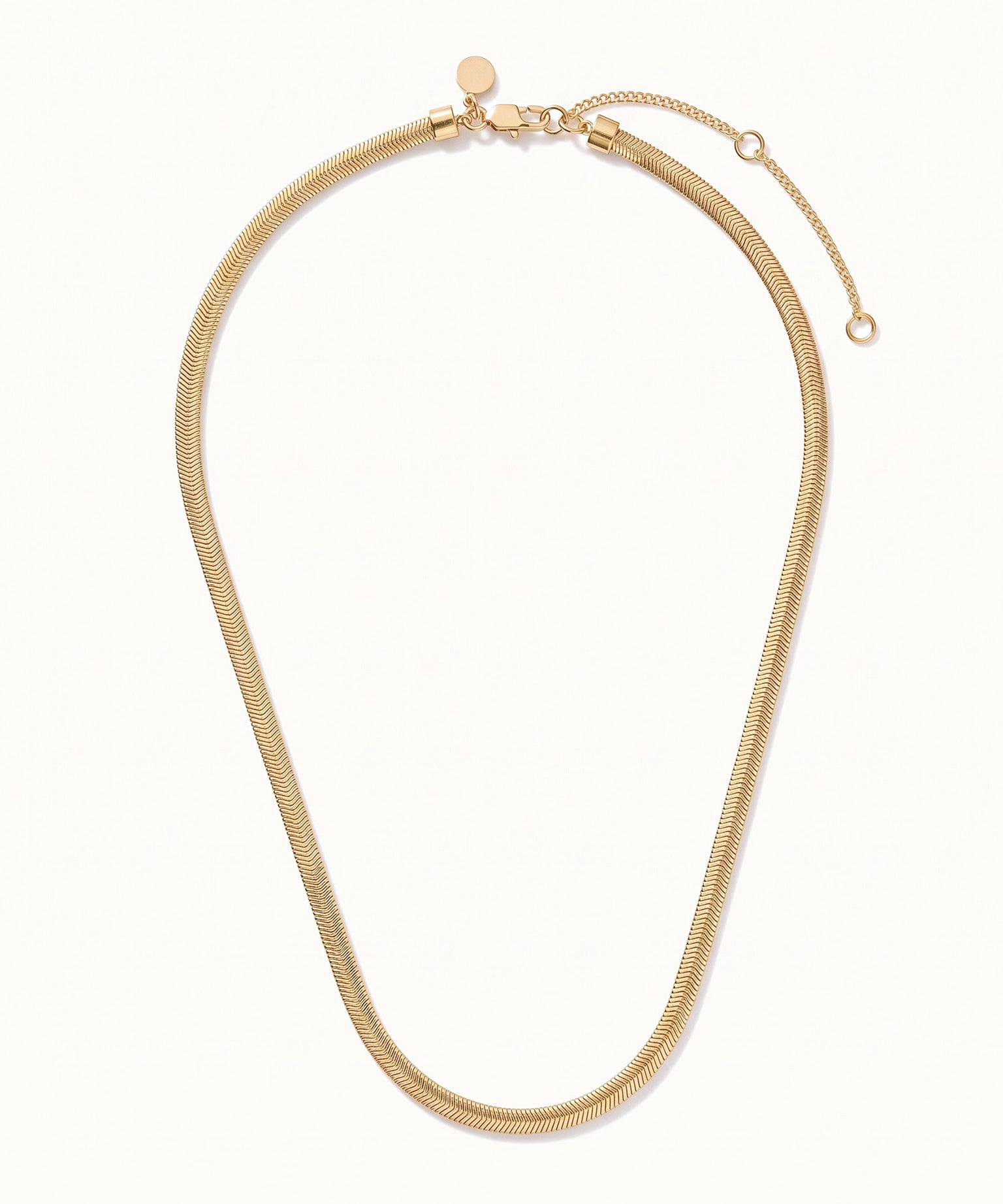 Everlasting Chain Necklace – full necklace with clasp and extender, laid flat, gold, on ivory background