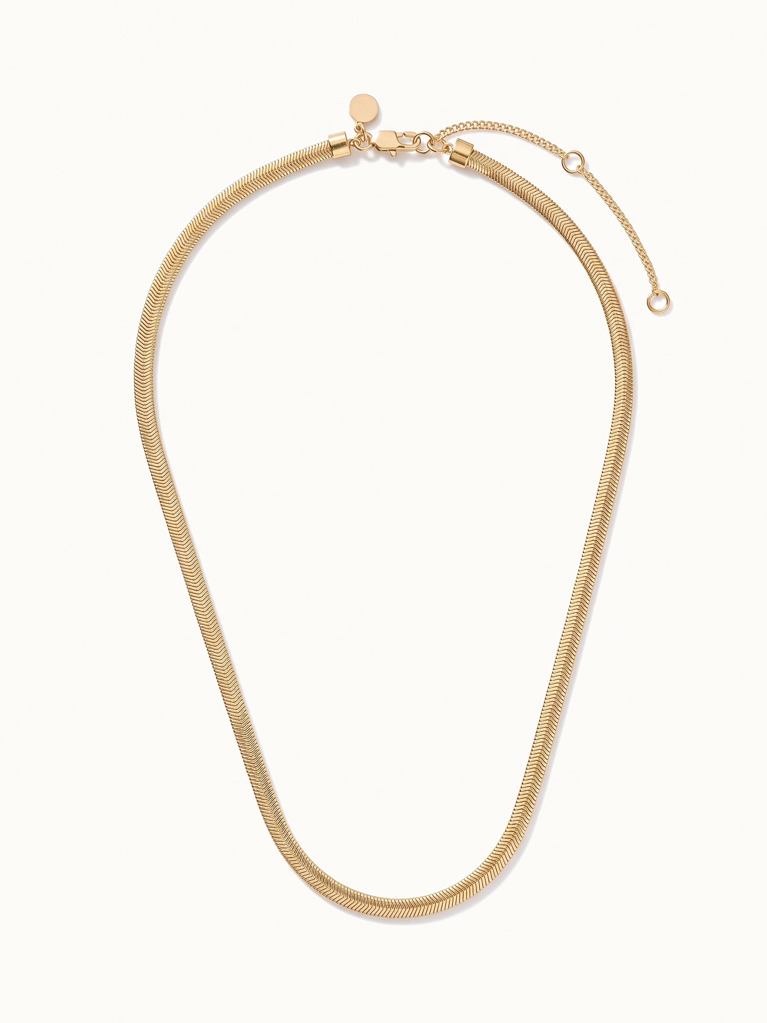 Everlasting Chain Necklace – full necklace with clasp and extender, laid flat, gold, on ivory background