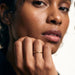 Golden Season Band Ring – worn with the hand at the chin, gold, dark top, ivory studio background