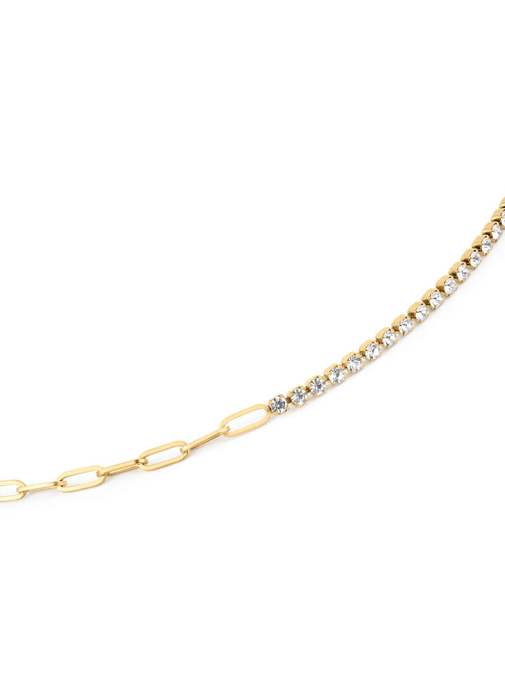 Grace Line Bracelet – close-up of the crystal row and paperclip links, gold, on white background