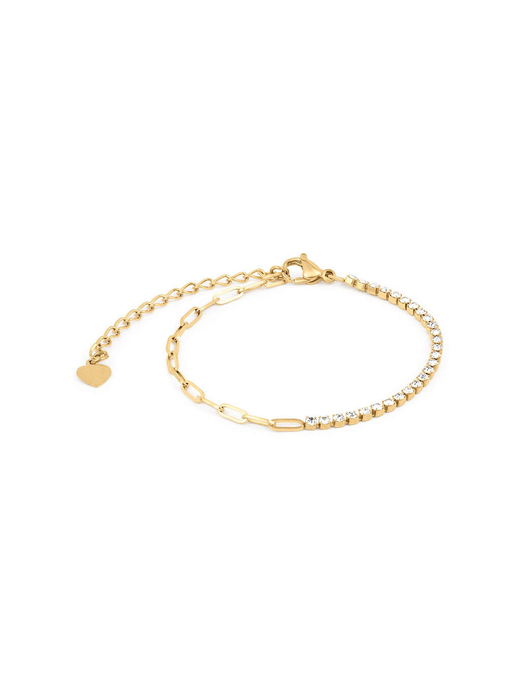 Grace Line Bracelet – crystal and paperclip chain with heart charm, gold, on white background