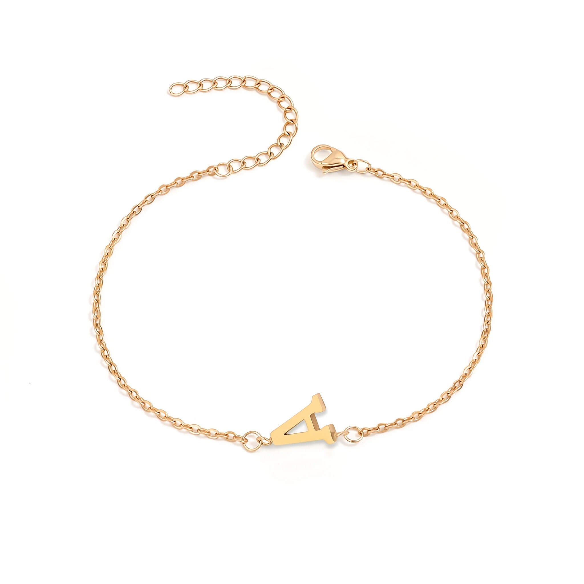 Initial Bracelet in gold with letter A charm, flat lay on white background