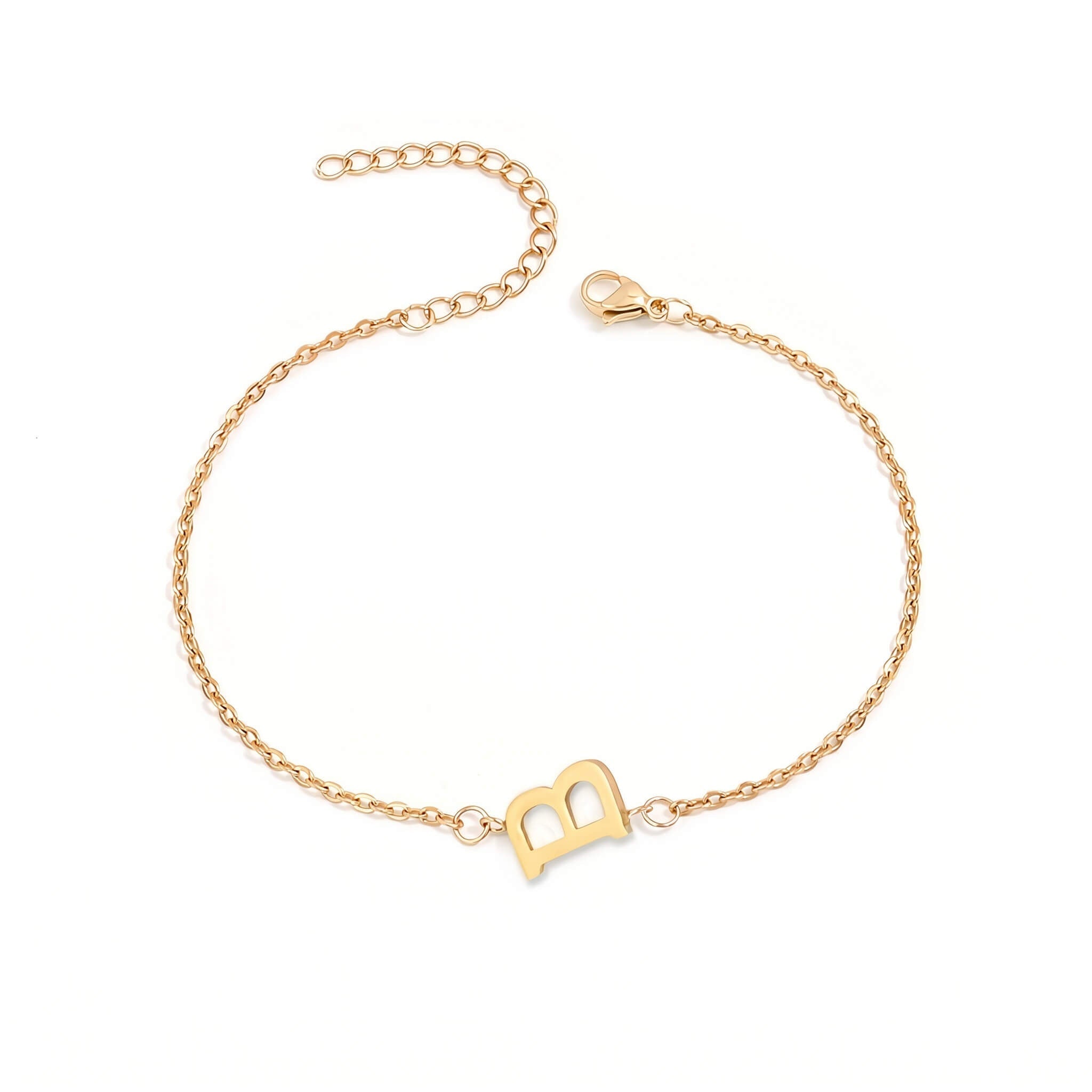 Initial Bracelet in gold with letter B charm, flat lay on white background