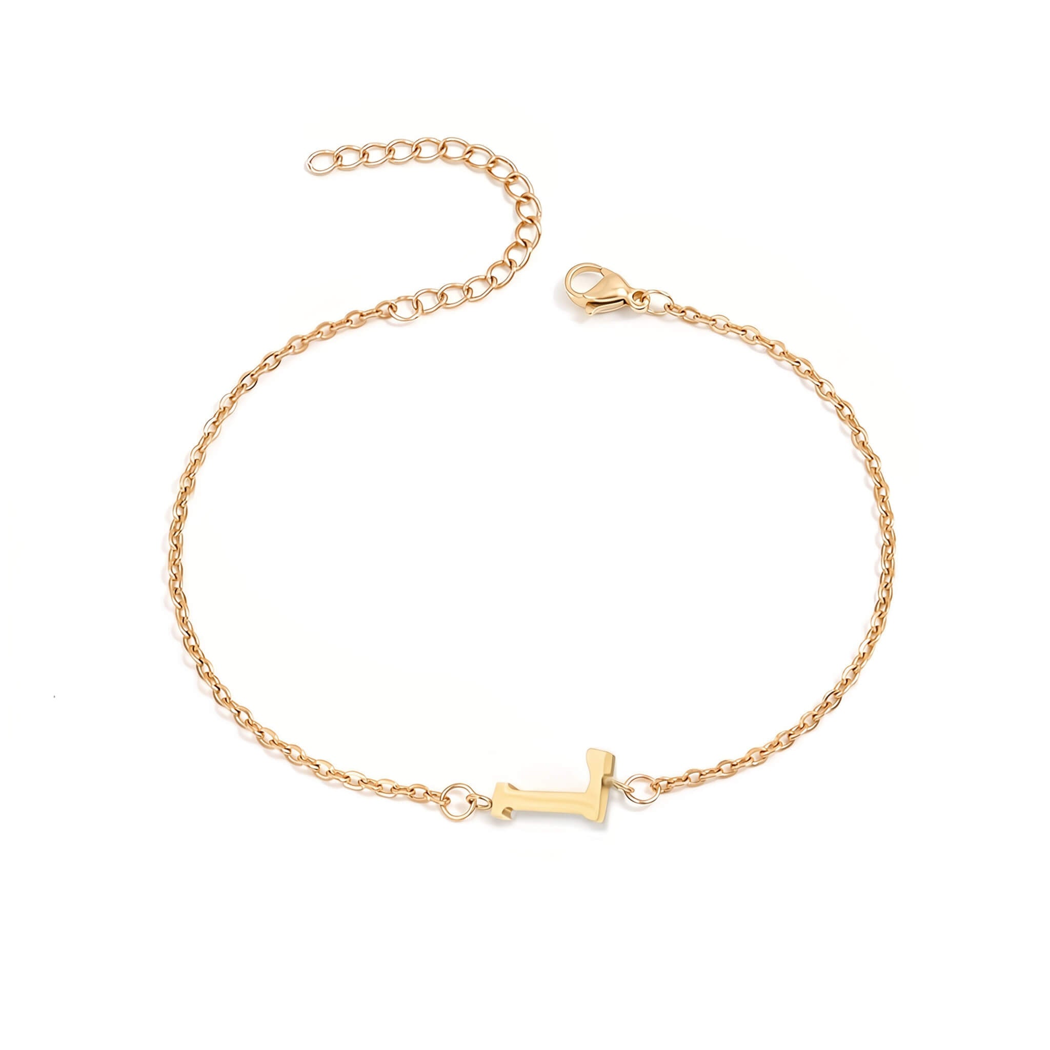 Initial Bracelet in gold with letter L charm, flat lay on white background
