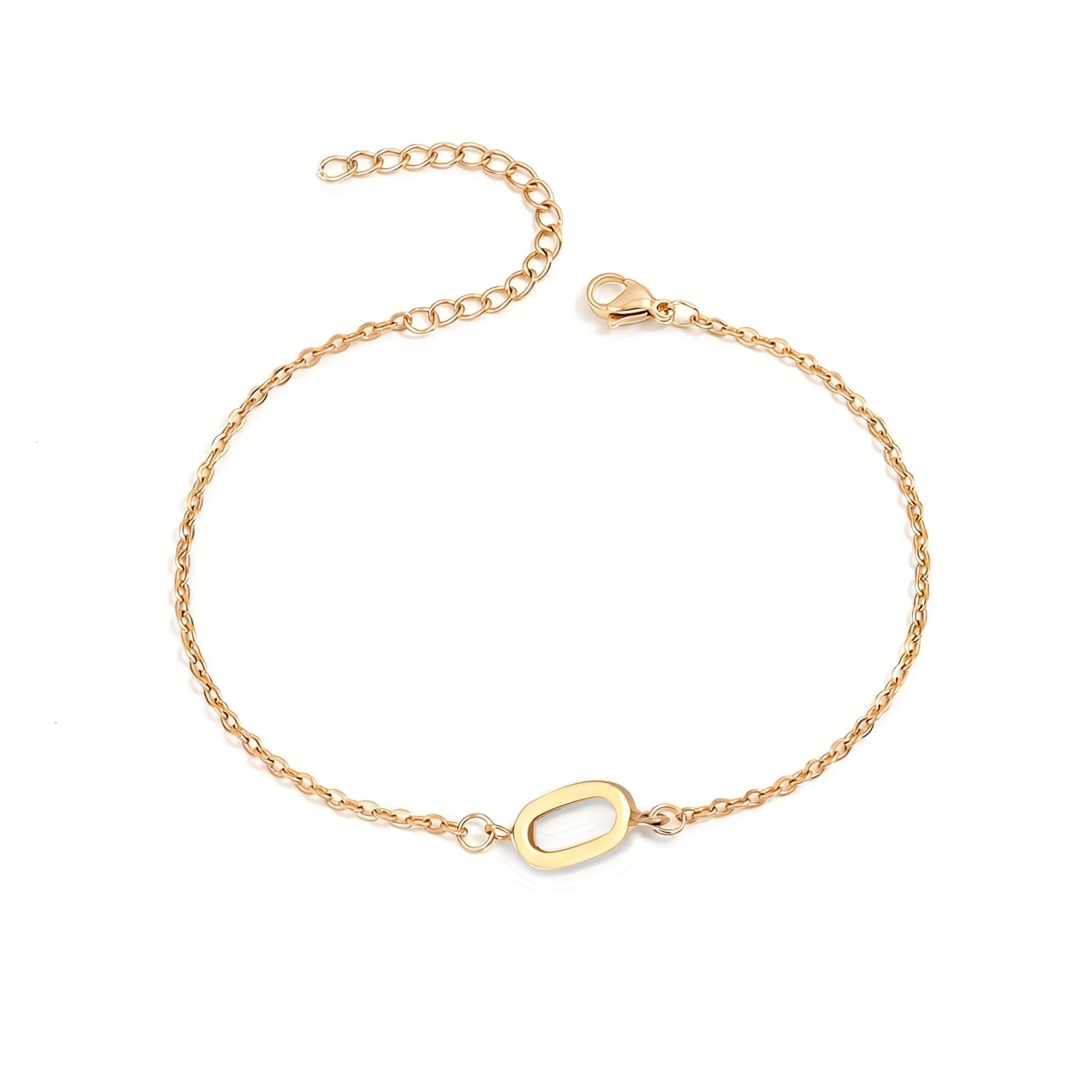 Initial Bracelet in gold with letter O charm, flat lay on white background