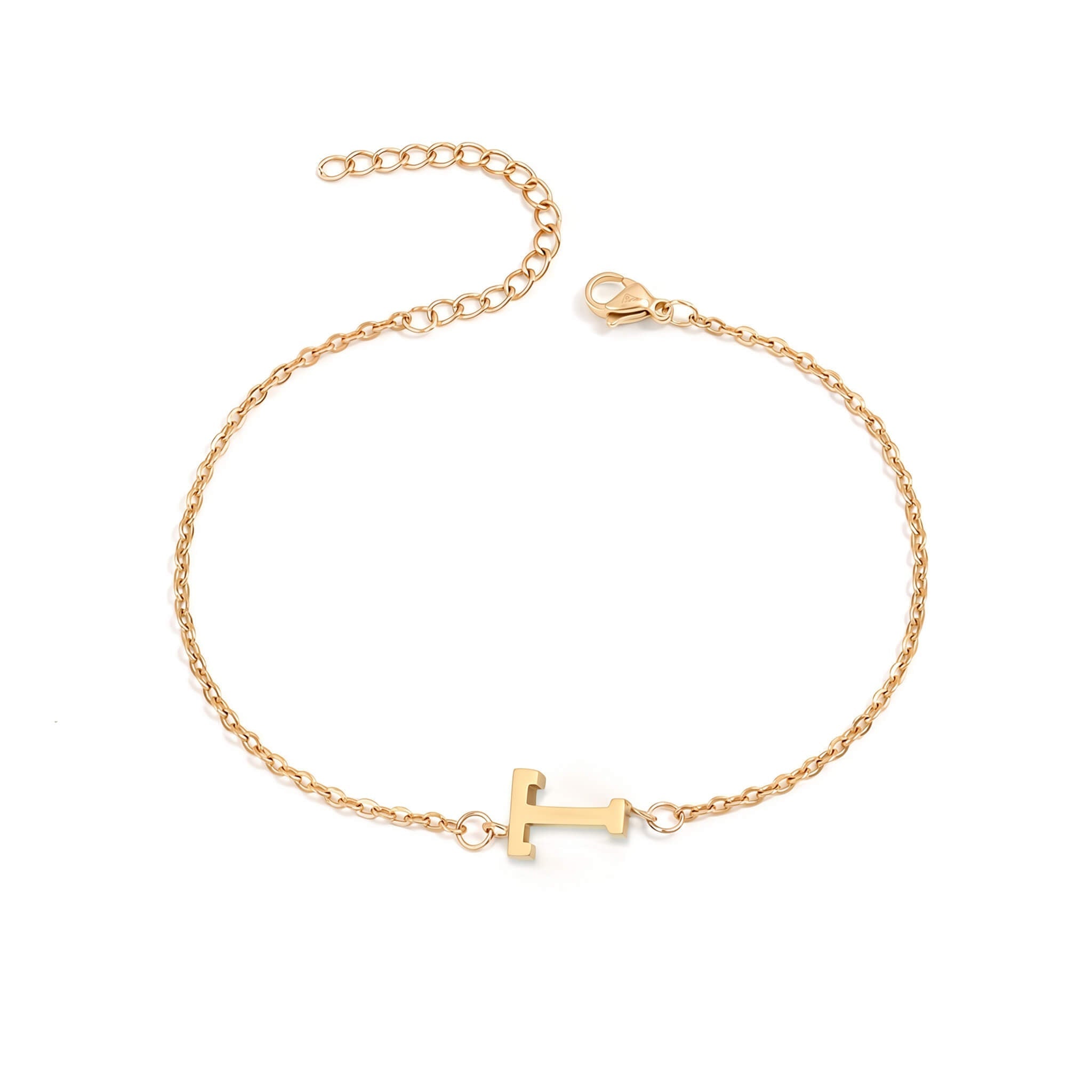 Initial Bracelet in gold with letter T charm, flat lay on white background
