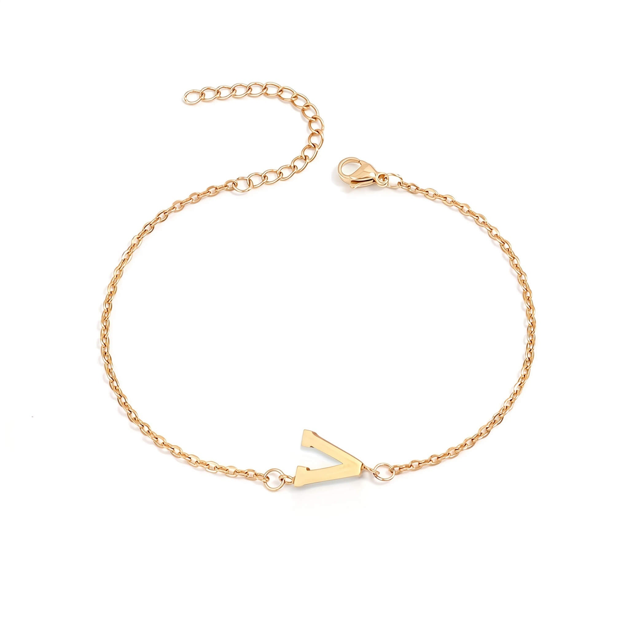 Initial Bracelet in gold with letter V charm, flat lay on white background