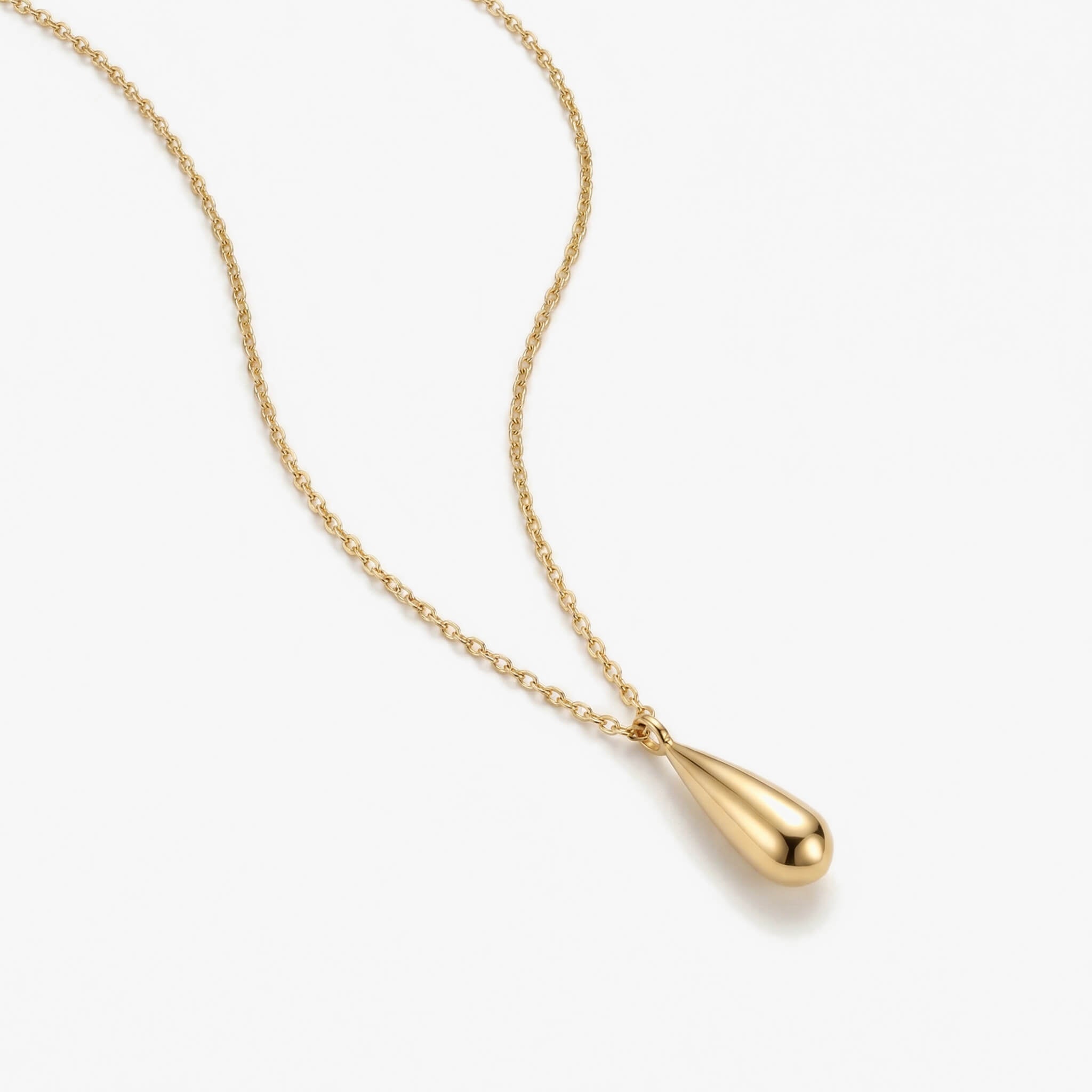 Mercy Teardrop Necklace in gold, close-up of the teardrop pendant and chain
