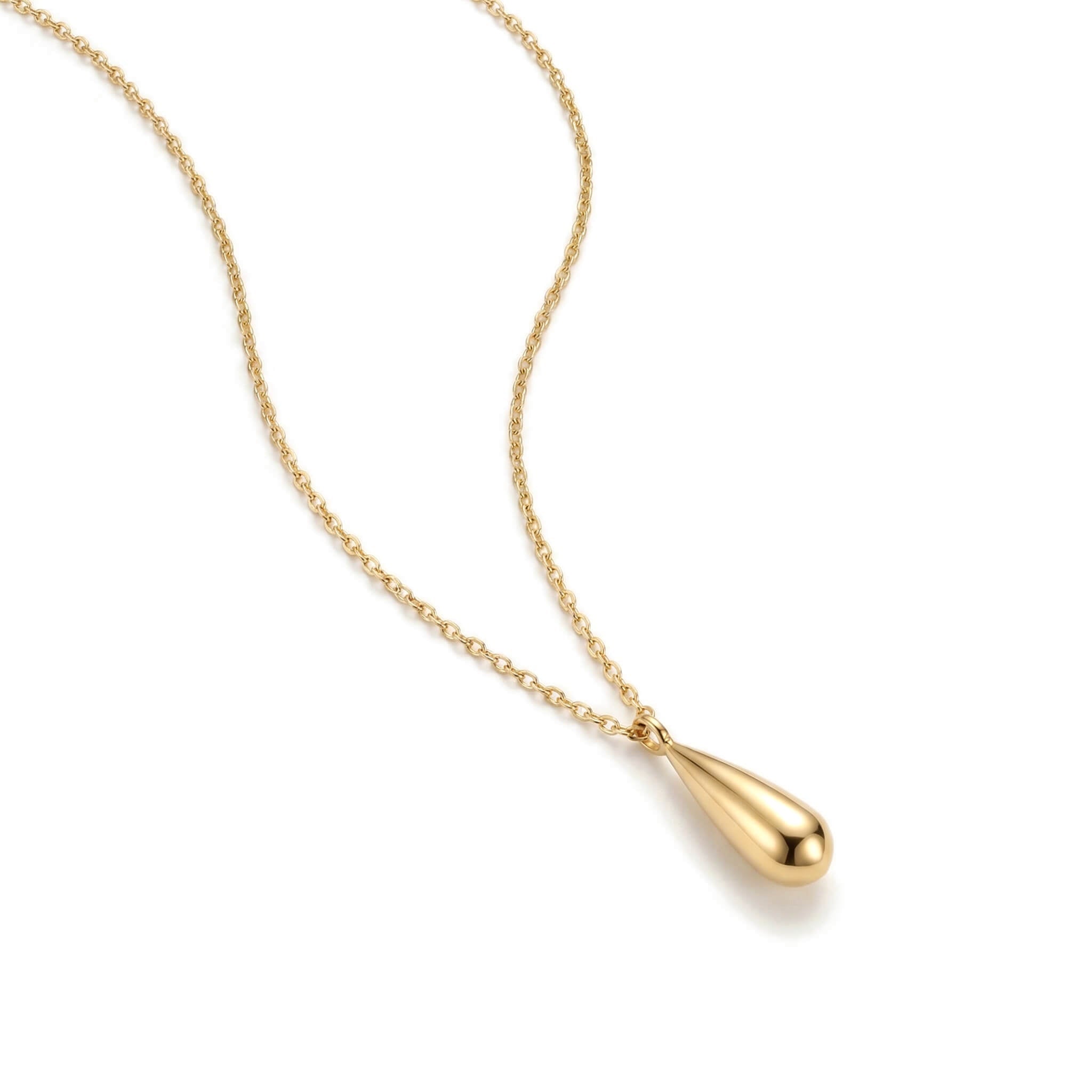 Mercy Teardrop Necklace – teardrop pendant and chain, angled close-up, gold, on white background