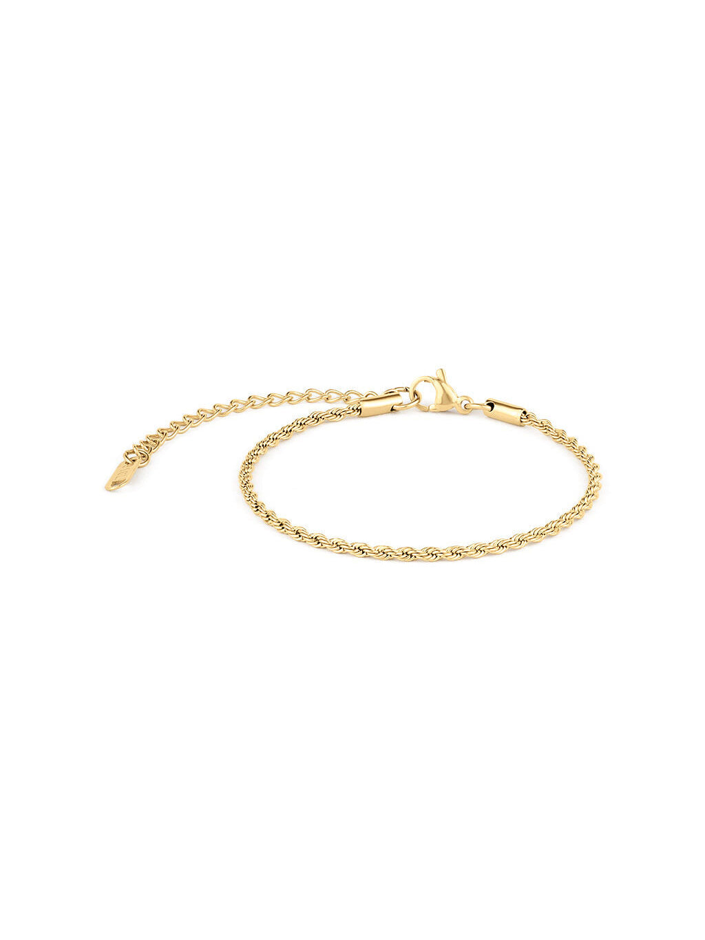 Morning Light Twist Bracelet – flat lay with clasp and extender, gold, on white background