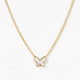 New Season Butterfly Necklace gold chain and mother-of-pearl pendant, close-up on white