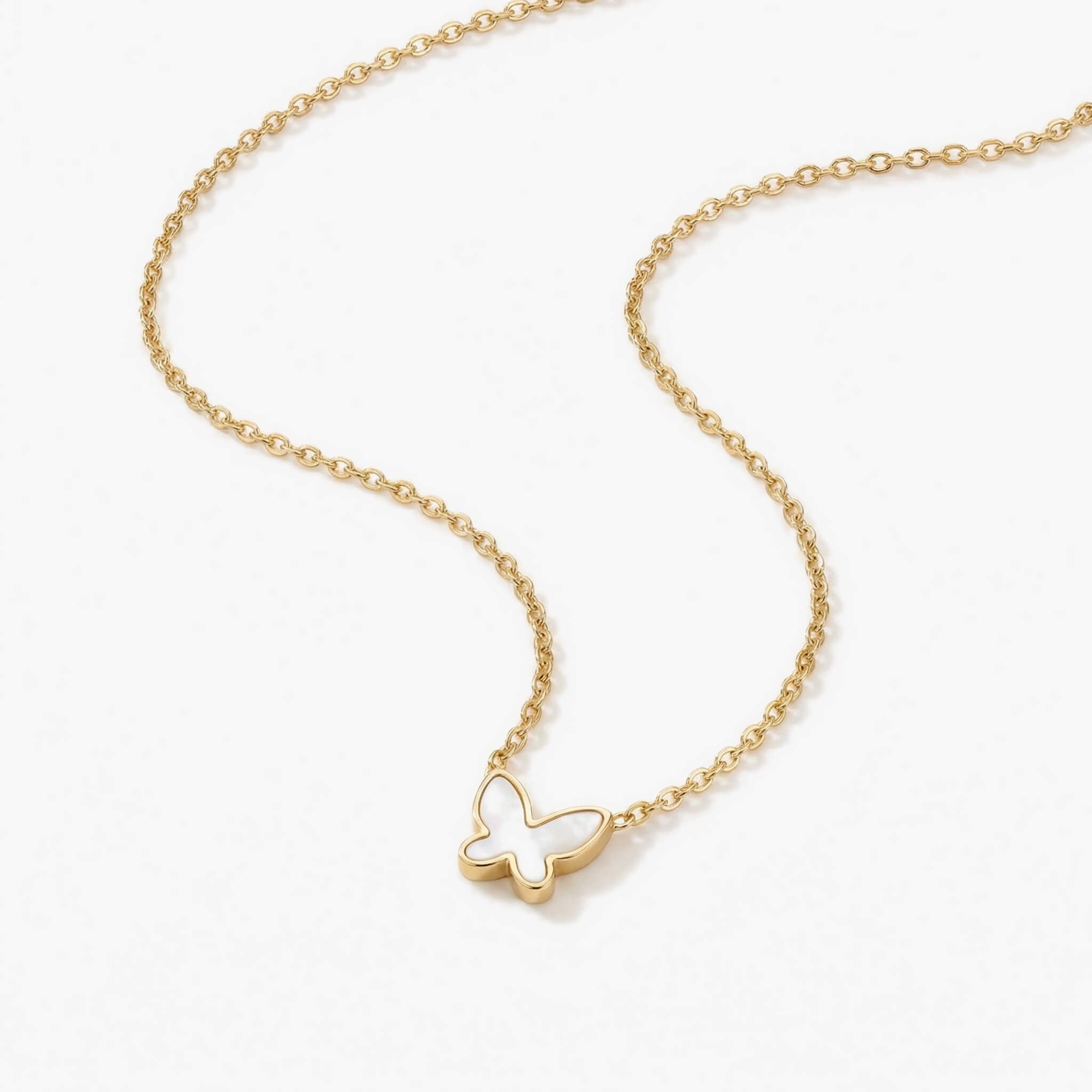 New Season Butterfly Necklace in gold with white mother-of-pearl butterfly pendant