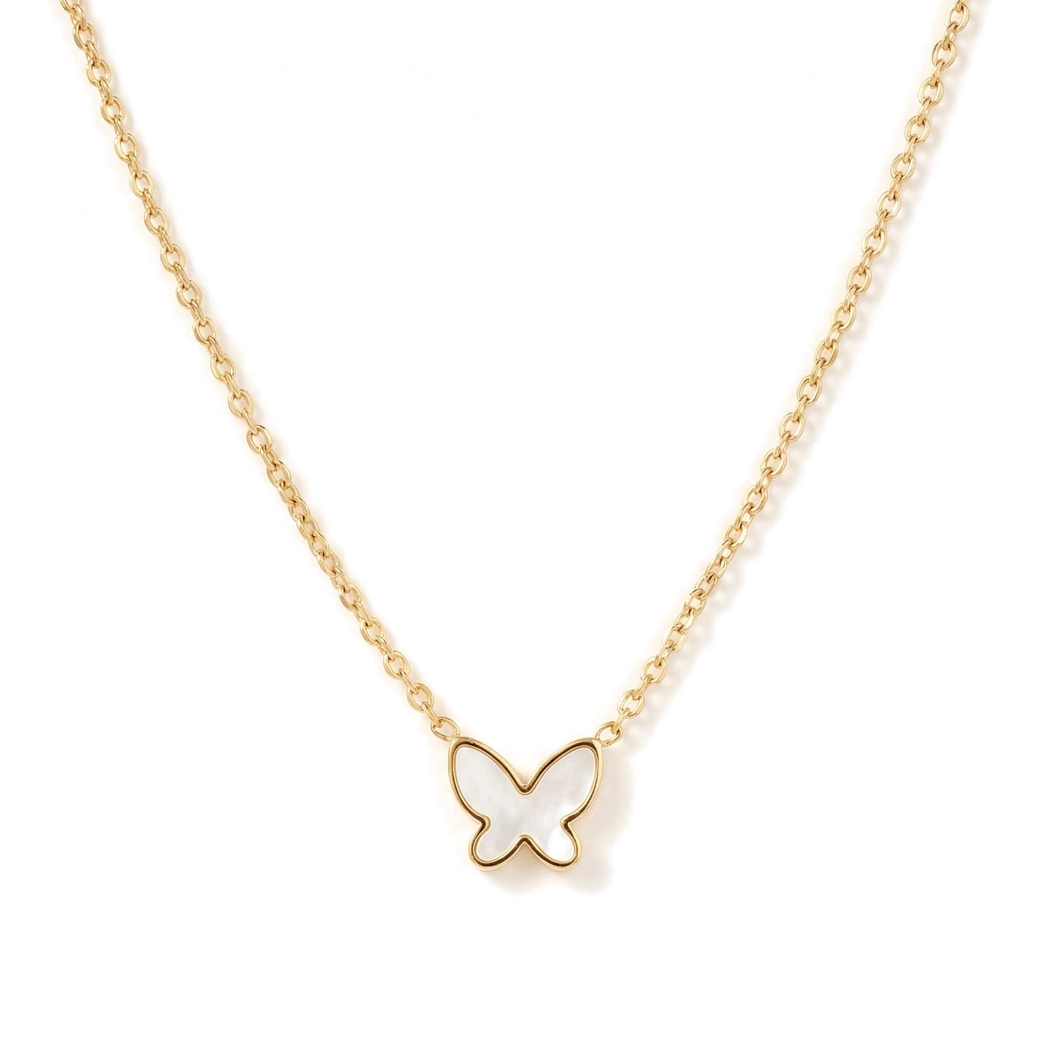New Season Butterfly Necklace – front view of the butterfly pendant and fine chain, gold, on white background