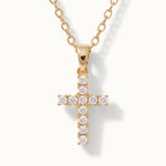 Radiant Cross Necklace in gold, close-up of the stone-set cross, alternative framing
