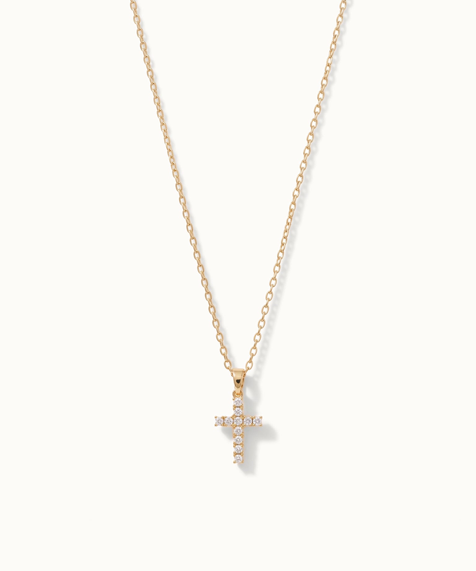 Radiant Cross Necklace in gold, long drop on a fine chain, alternative framing