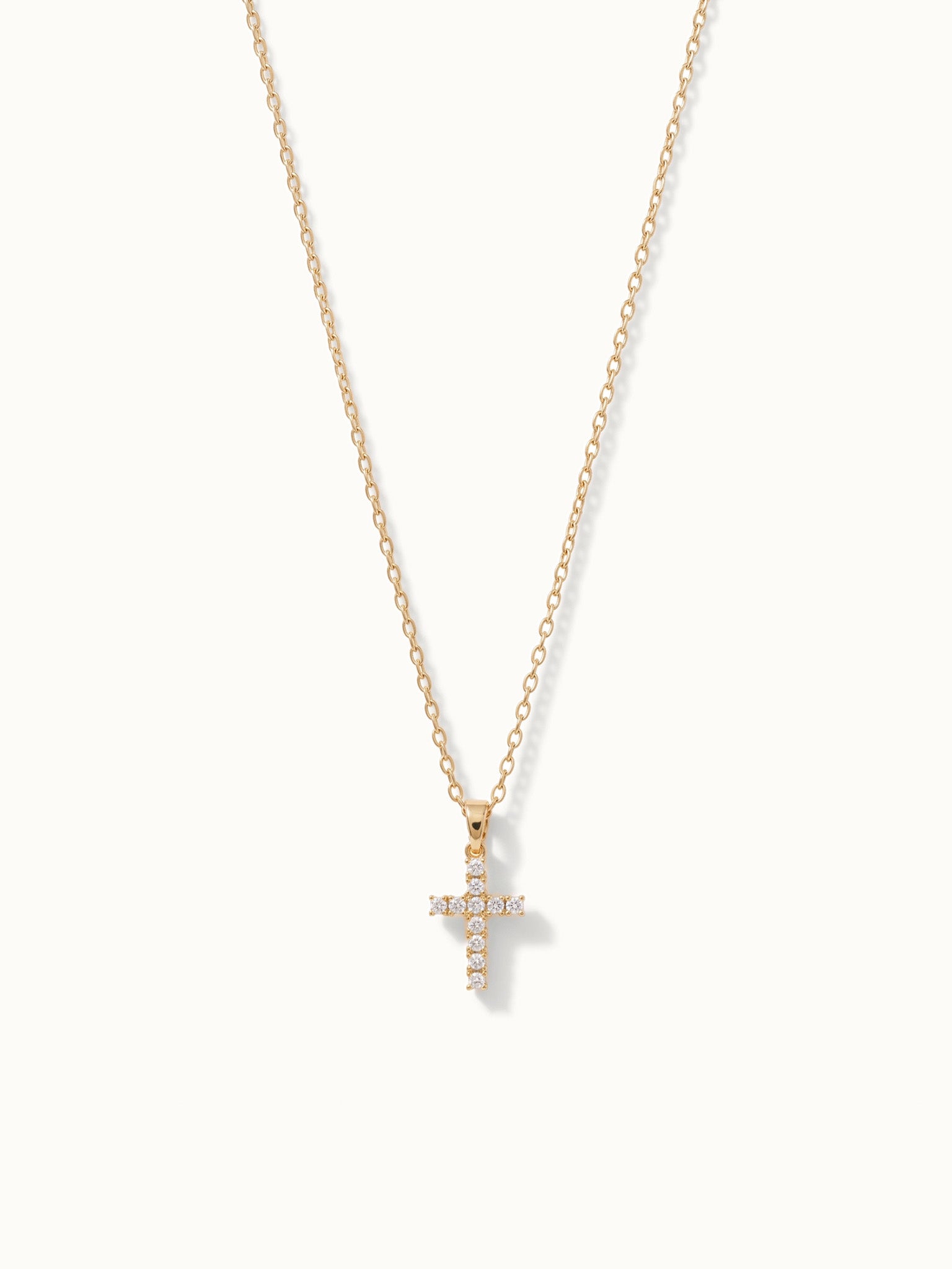 Radiant Cross Necklace in gold, long drop on a fine chain, alternative framing
