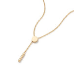 Rising Lariat Necklace – lariat with disc slider and slender bar drop, gold, on white background