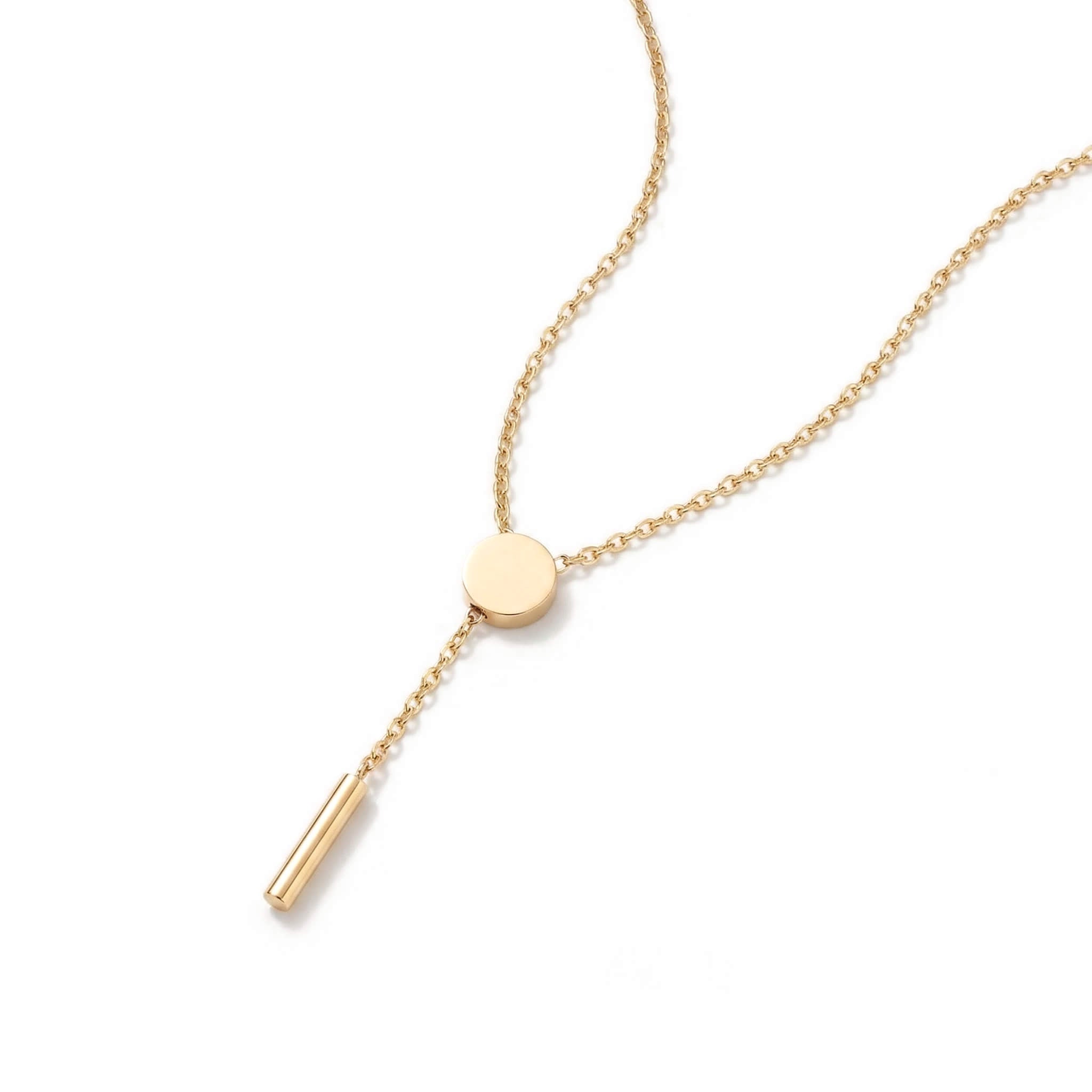 Rising Lariat Necklace – lariat with disc slider and slender bar drop, gold, on white background