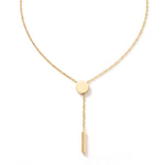 Rising Lariat Necklace – full lariat with disc and bar drop, gold, on white background