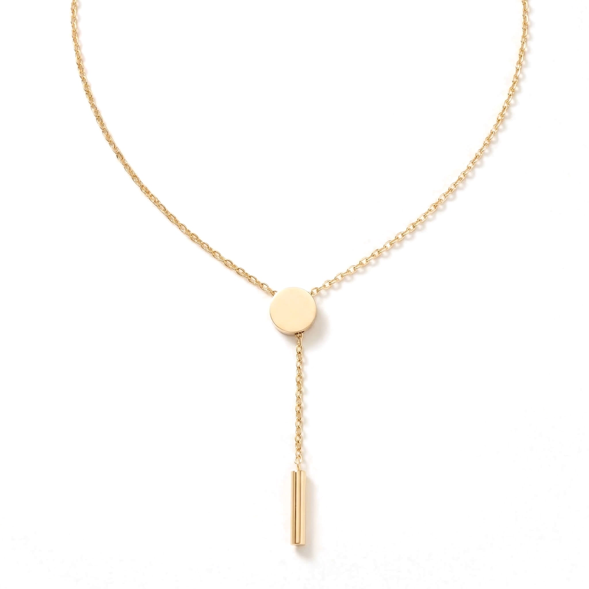 Rising Lariat Necklace – full lariat with disc and bar drop, gold, on white background