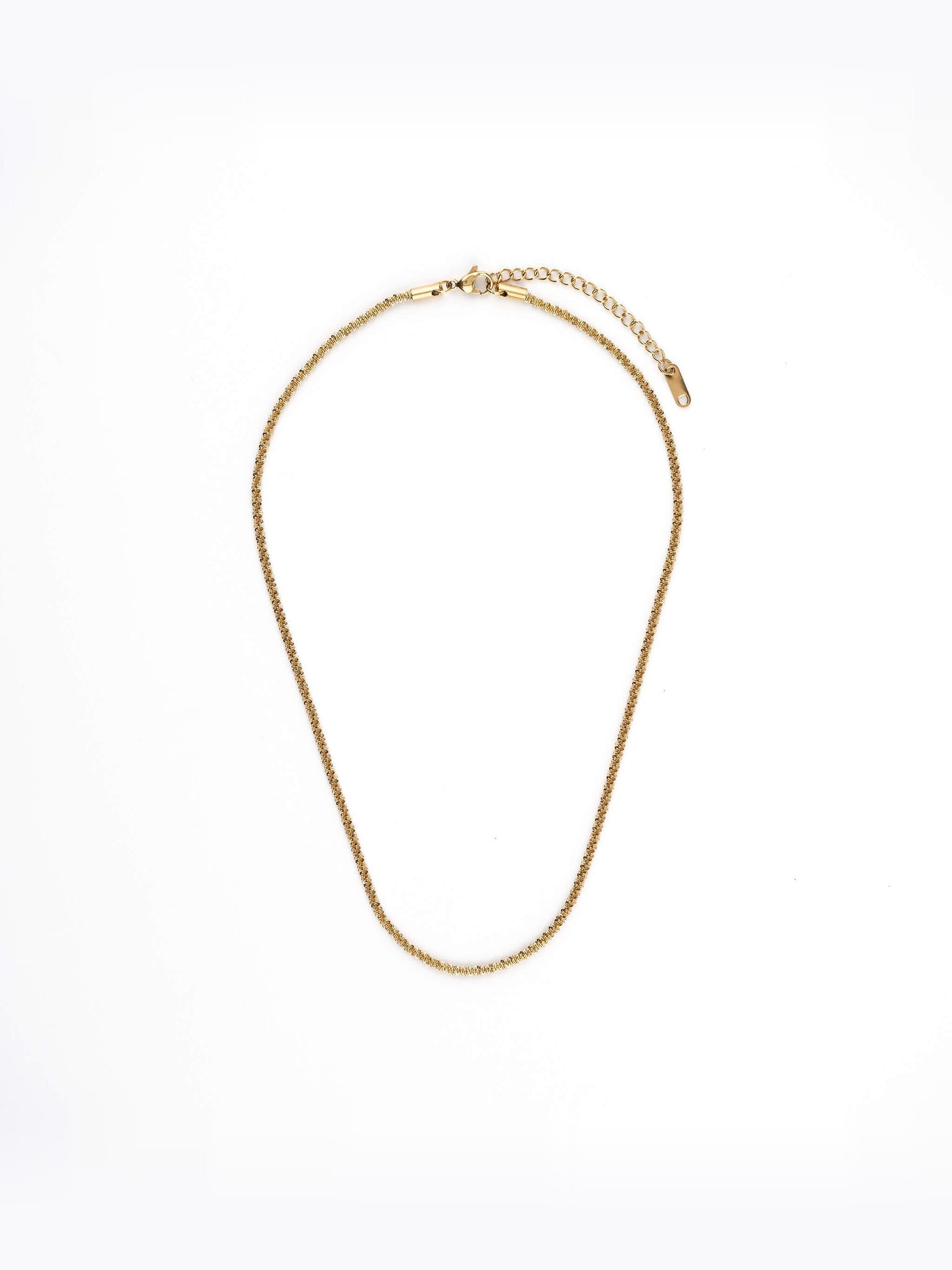 Rooted Rope Chain Necklace – full necklace with clasp and extender, gold, on white background
