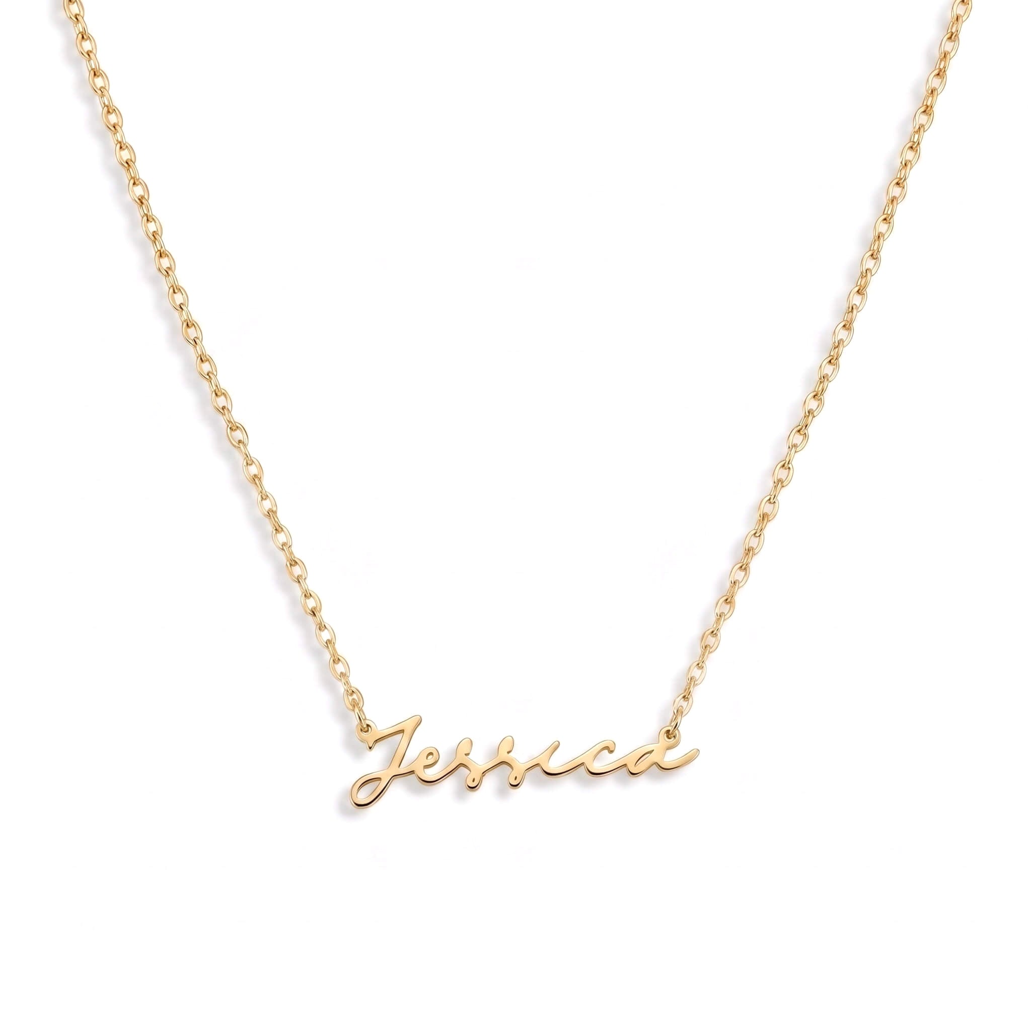 Signature Name Necklace – name "Jessica" in continuous script, gold, on white background