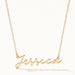 Signature Name Necklace – name "Jessica" in script hanging on a fine chain, gold, on ivory background