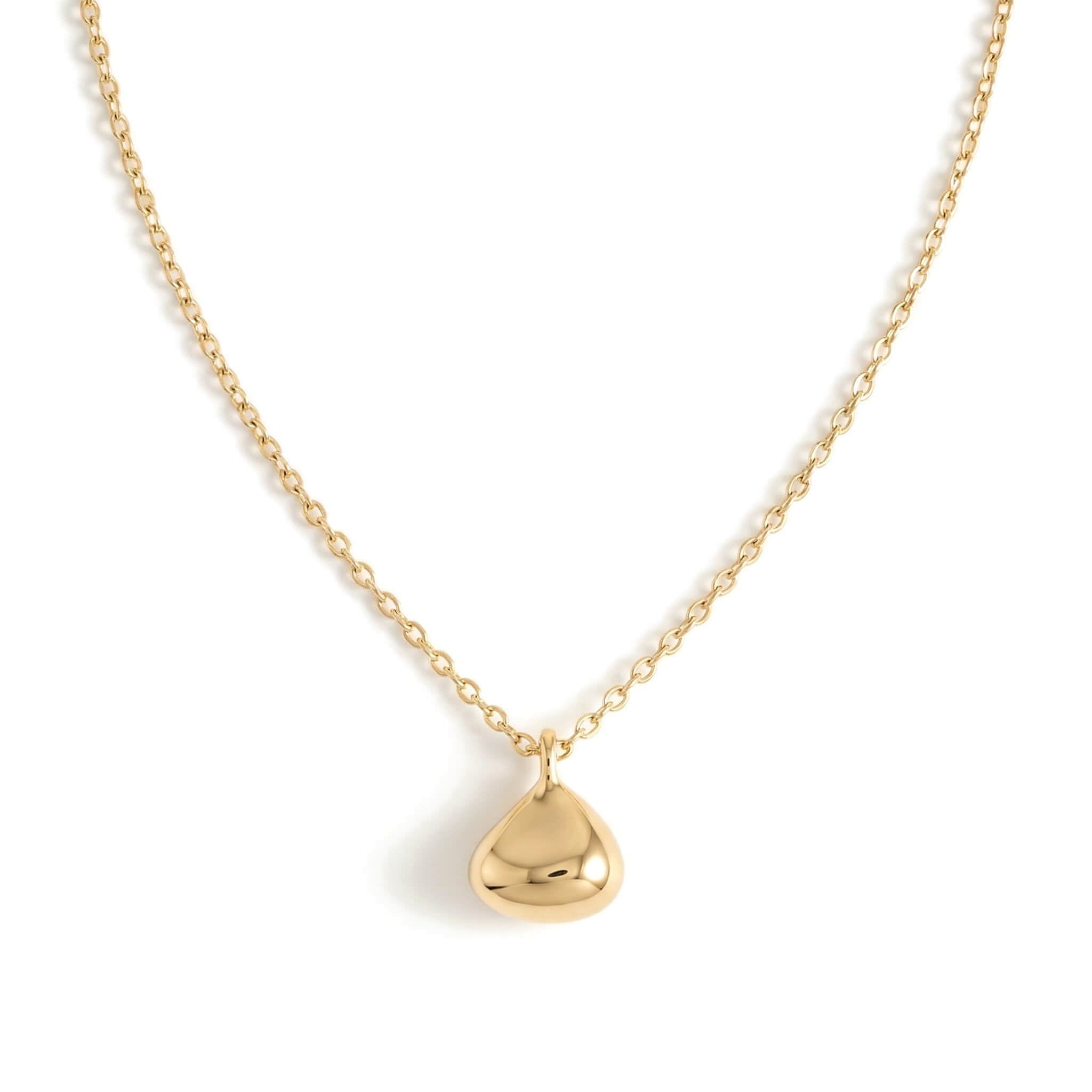 Small Mercies Teardrop Necklace – small teardrop pendant on a fine chain, gold, on white background