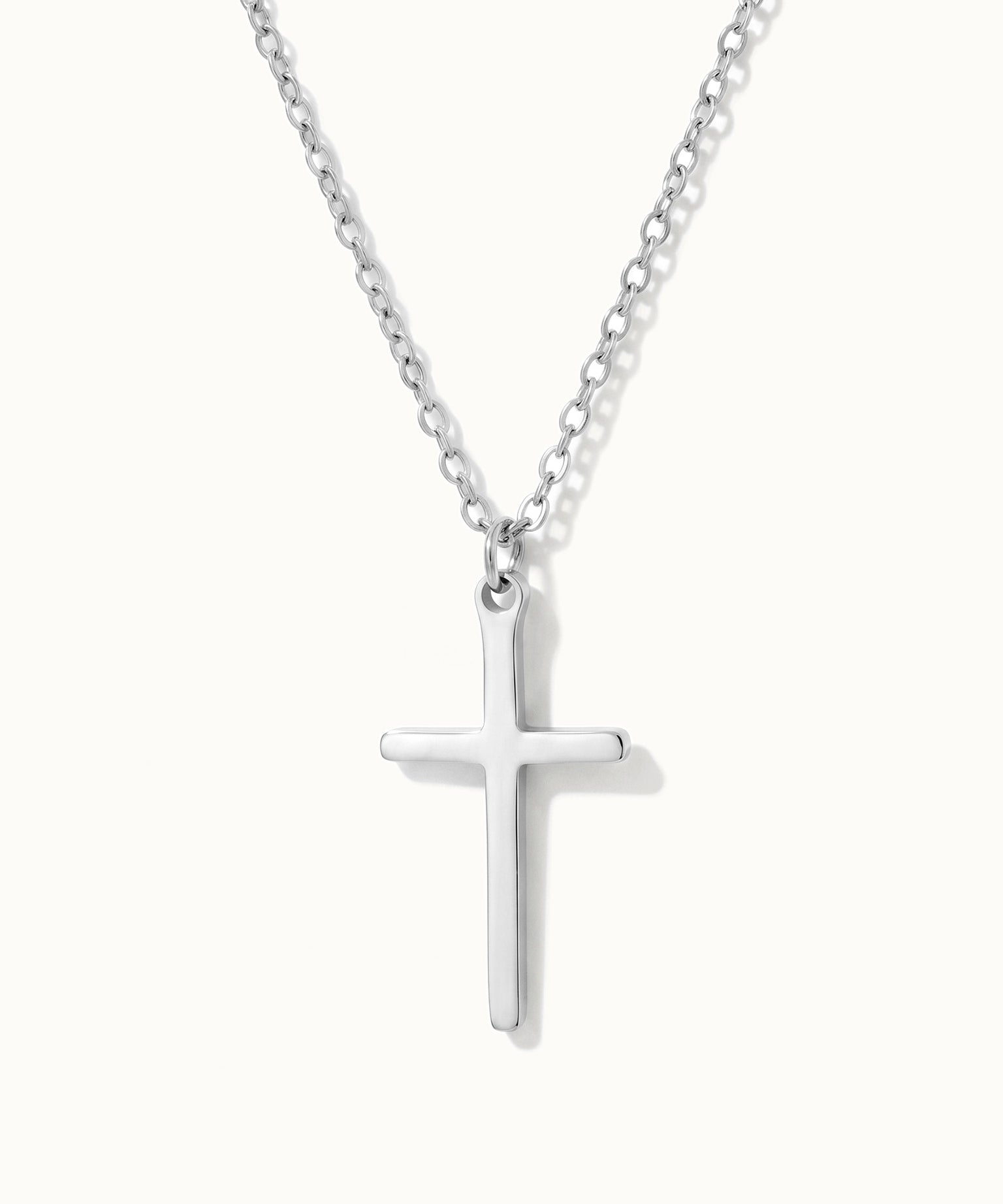 Steadfast Cross Necklace in silver, close-up of the cross
