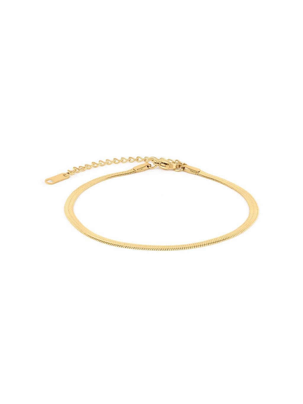 Still Waters Herringbone Bracelet – flat lay with clasp and extender, gold, on white background