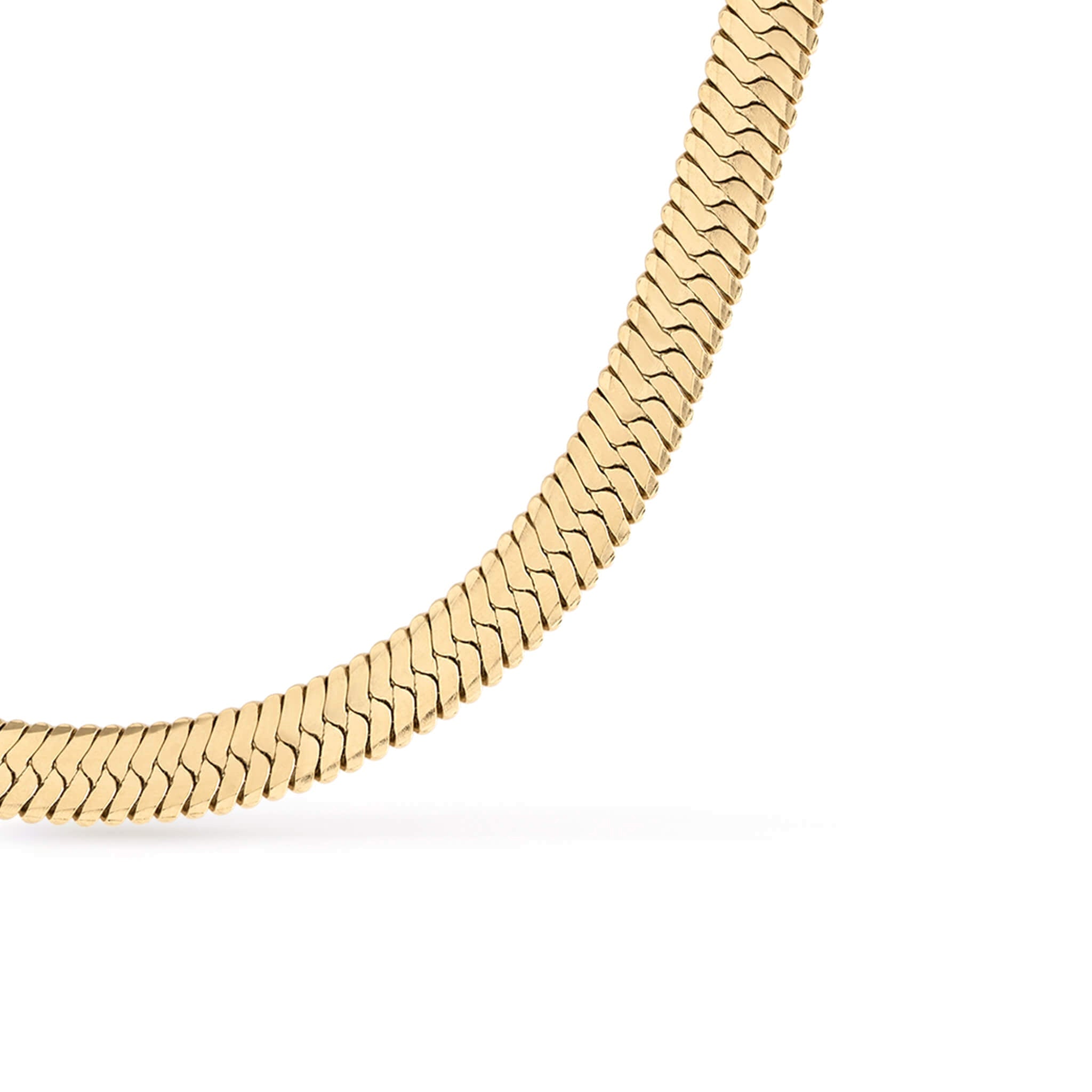Sunday Best Herringbone Necklace – close-up of the wide herringbone links, gold, on white background