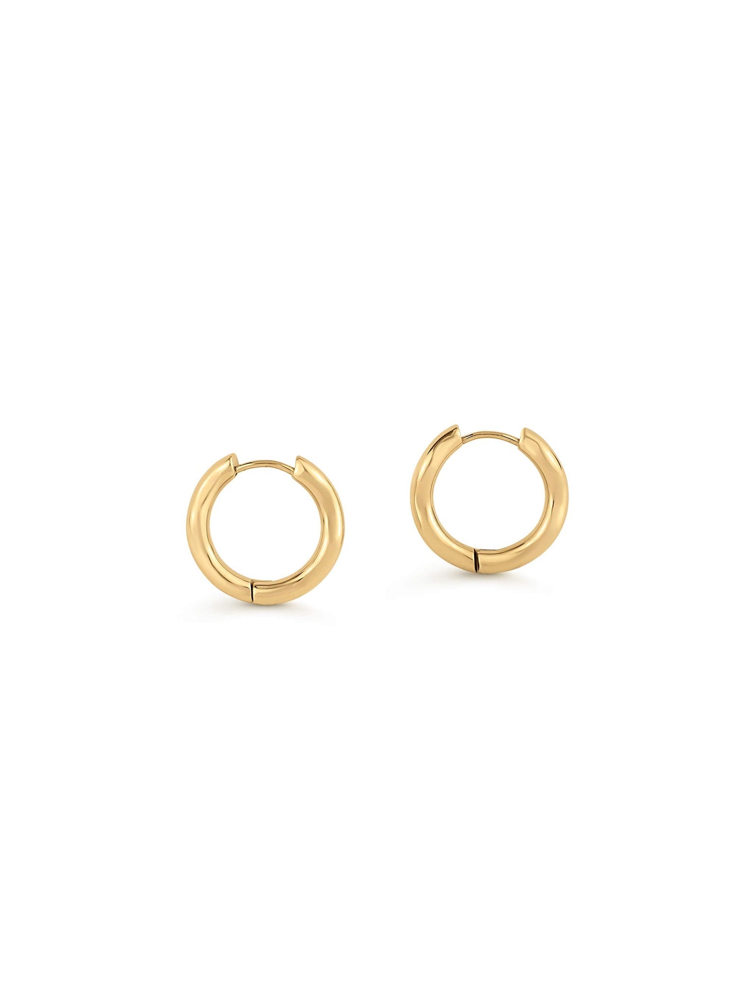 Sunday Hoops – pair of round hinged hoops, front view, gold, on white background