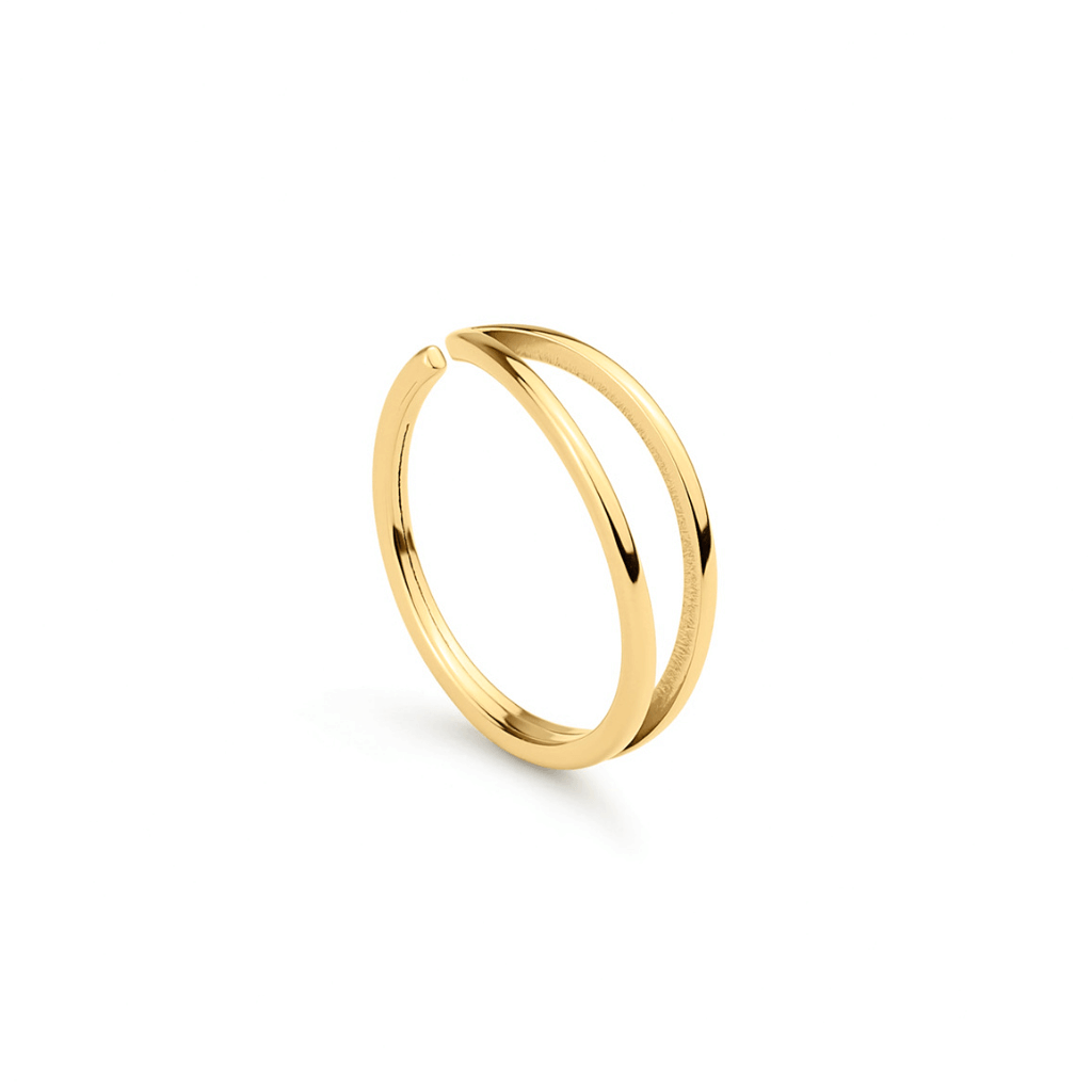 Two Paths Ring – two slim parallel bands, standing front view, gold, on white background