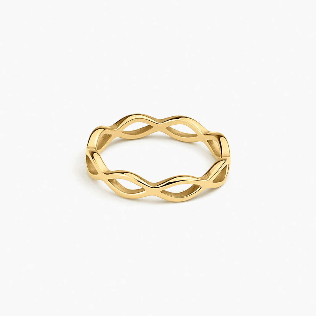 Woven Eternity Ring in 14k gold with an interwoven infinity-link band, flat lay