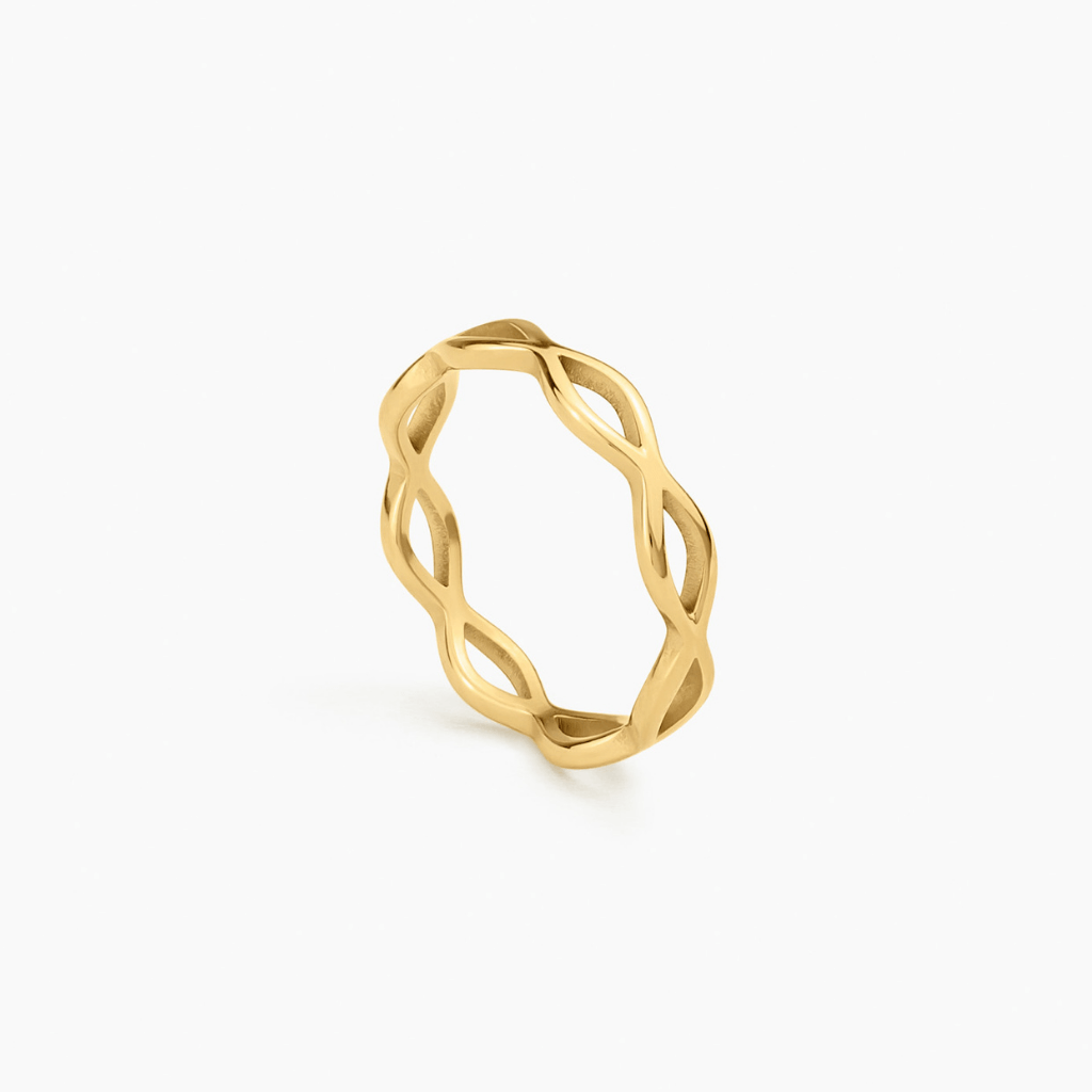 Woven Eternity Ring in 14k gold shown upright, highlighting the interwoven band