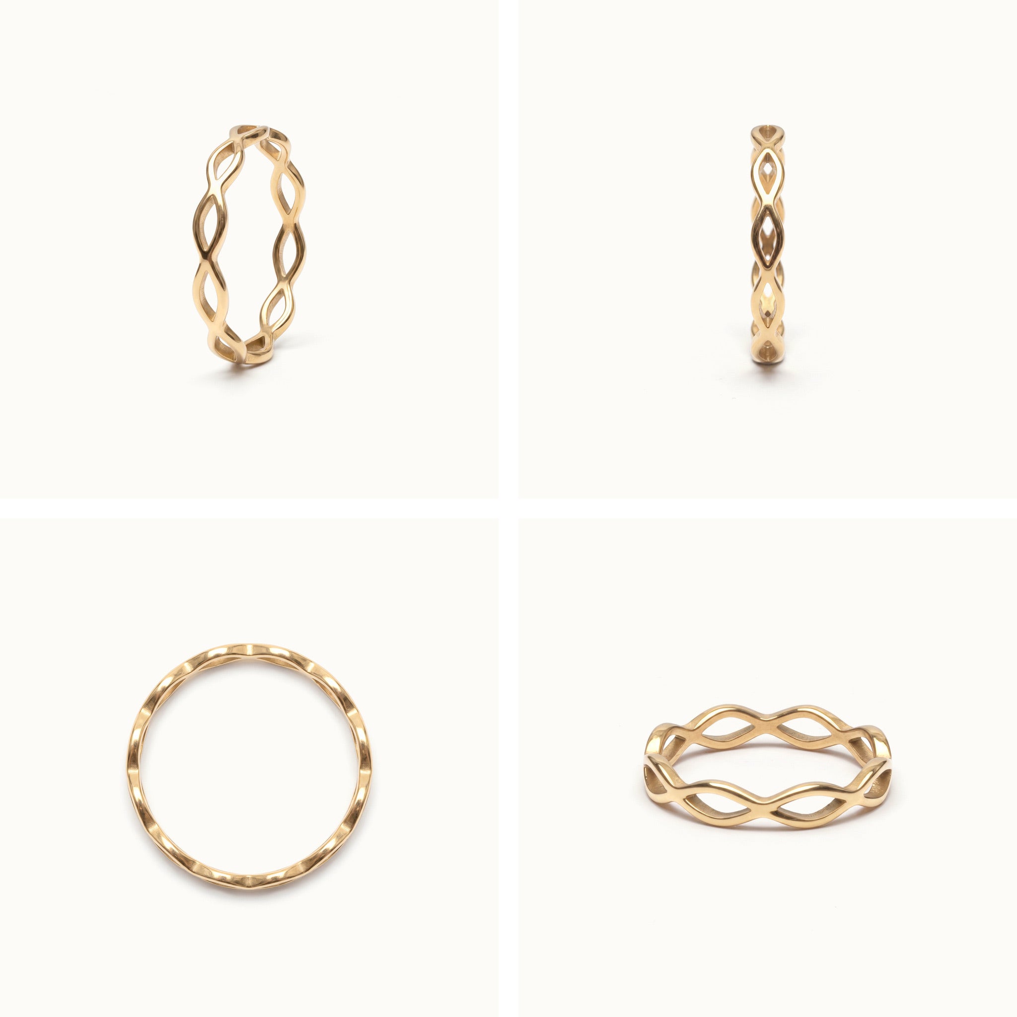 Woven Eternity Ring – four-angle grid, gold, on ivory background