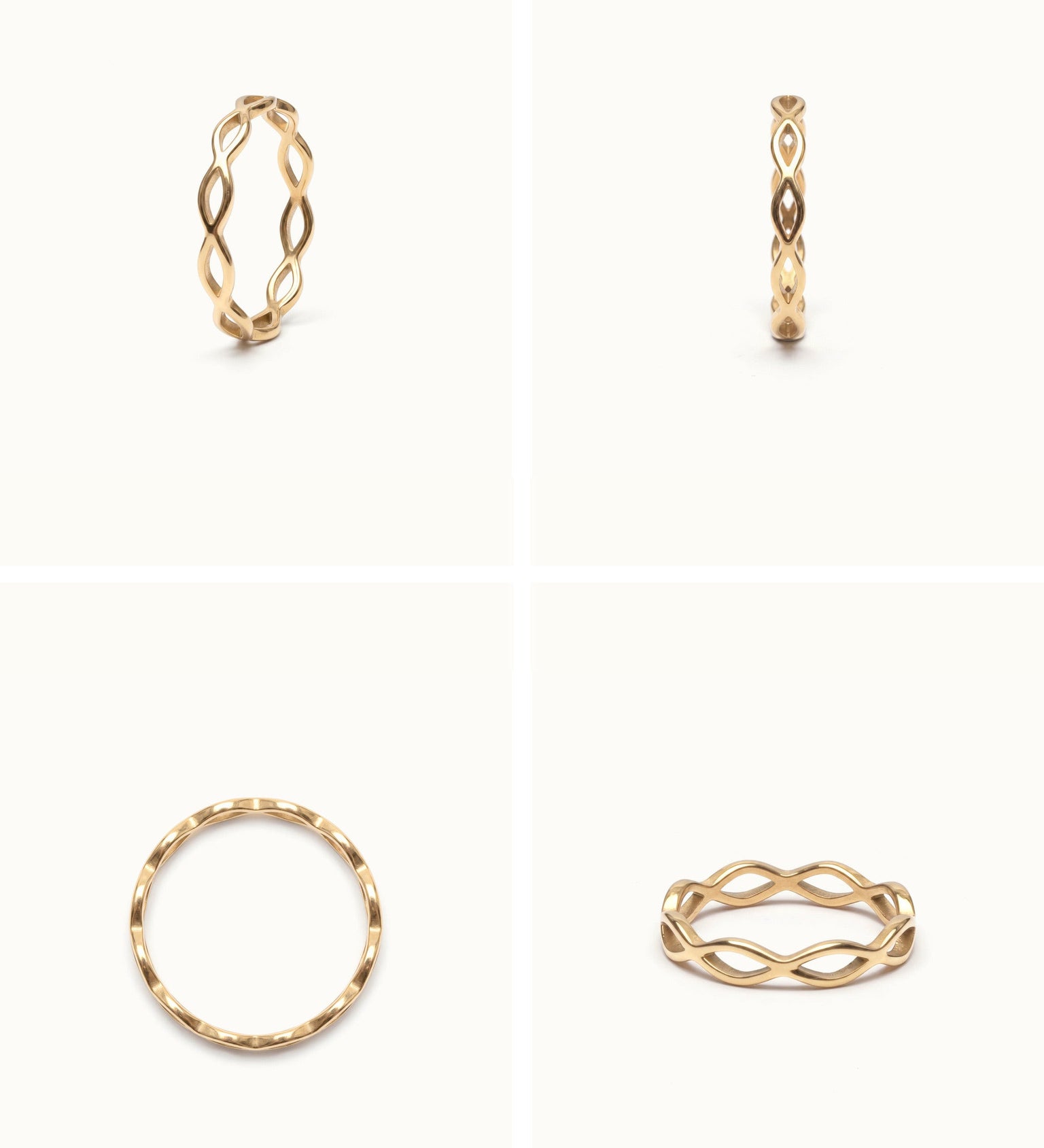 Woven Eternity Ring – four-angle grid, gold, on ivory background