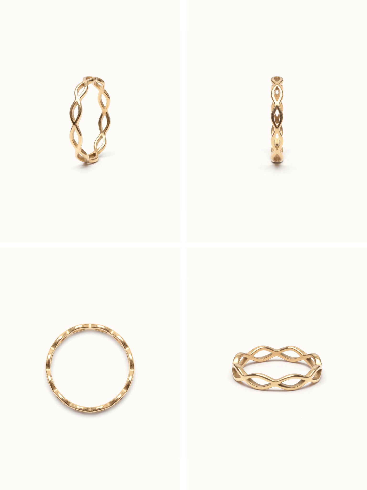 Woven Eternity Ring – four-angle grid, gold, on ivory background